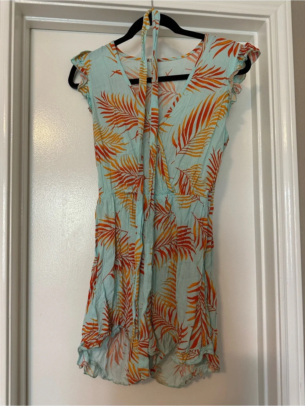 Light Blue Tropical Print Tie-Front Romper